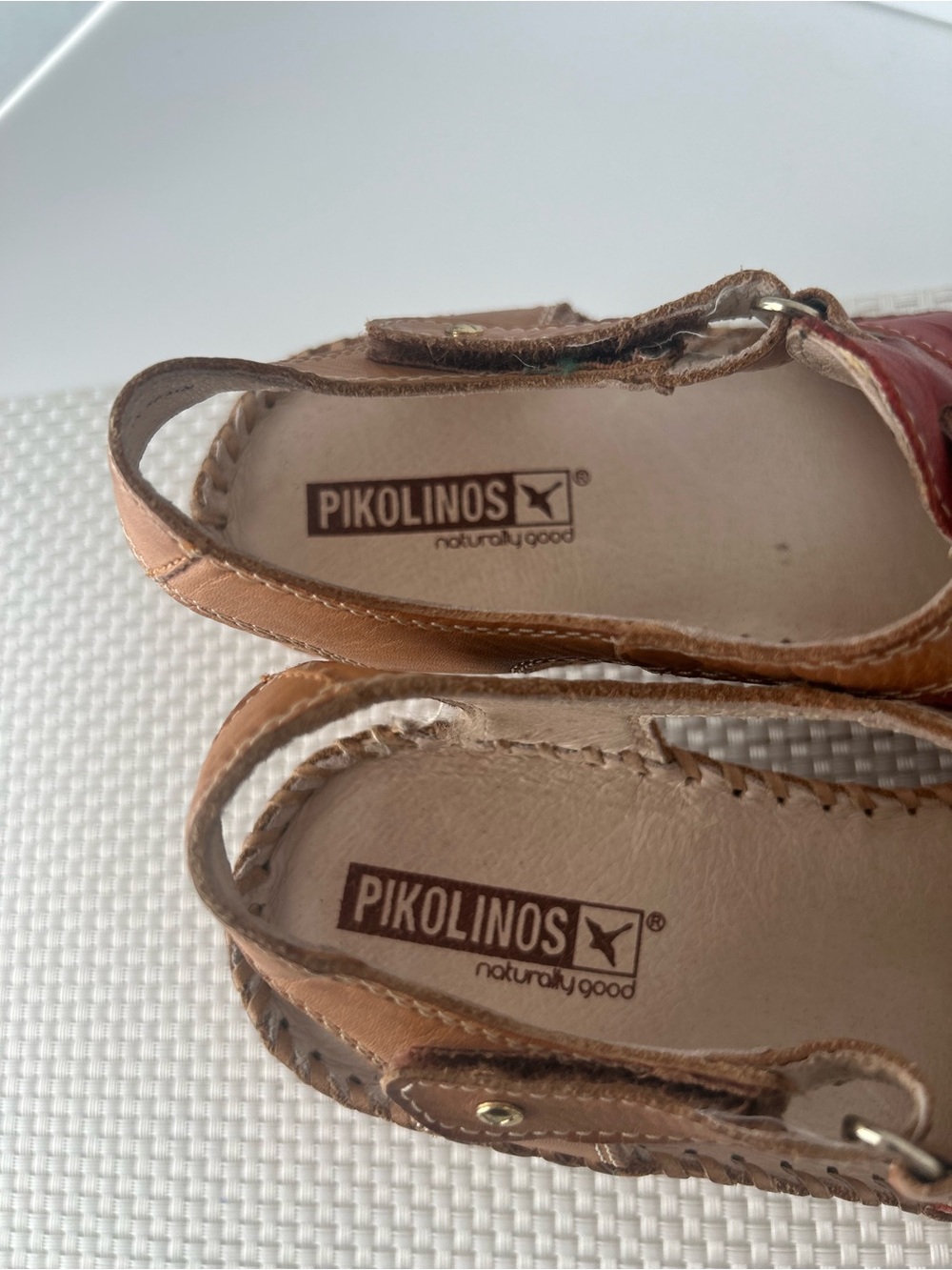 PIKOLINOS Tan and Red Leather Slingback Sandals